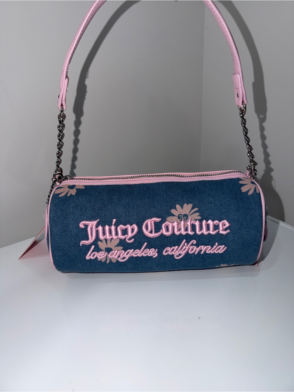 Juicy Couture Blue Denim Mini Barrel Bag with Pink Trim